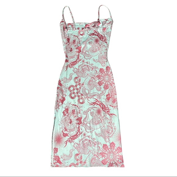 Pink/Blue Floral Multi Pattern Dragon Print Dress - Picture 2 of 4